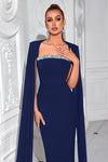 Navy Blue Long Mermaid Evening Dress With Cape