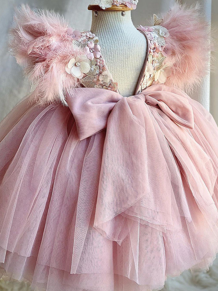Dusty Pink Flower Girl Dress Party Gown With 3D Flowers Feathers TANYA BRIDAL Dusty Pink Flower Girl Dress Party Gown With 3D Flowers Feathers TANYA BRIDAL