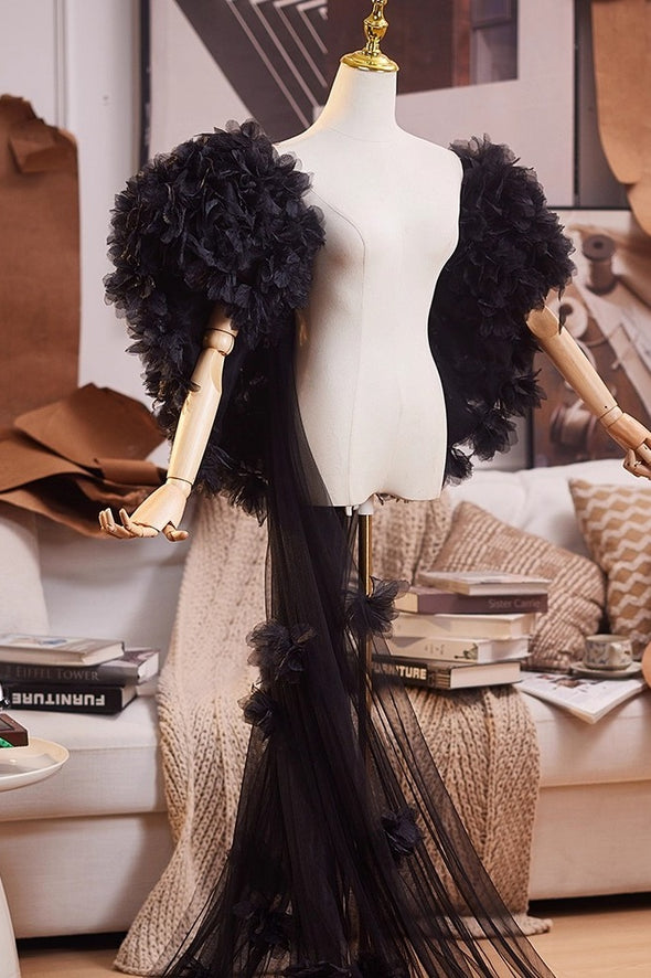 Little Flower Black Tulle Cape Fashion Runway Costumes Outfit