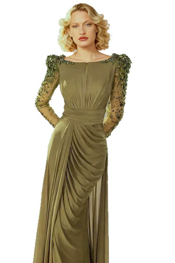 olive green formal dress with sleeves Draped Royal Gown Teuta Matoshi Floor length DZ9383 Olive Green Long Sleeves