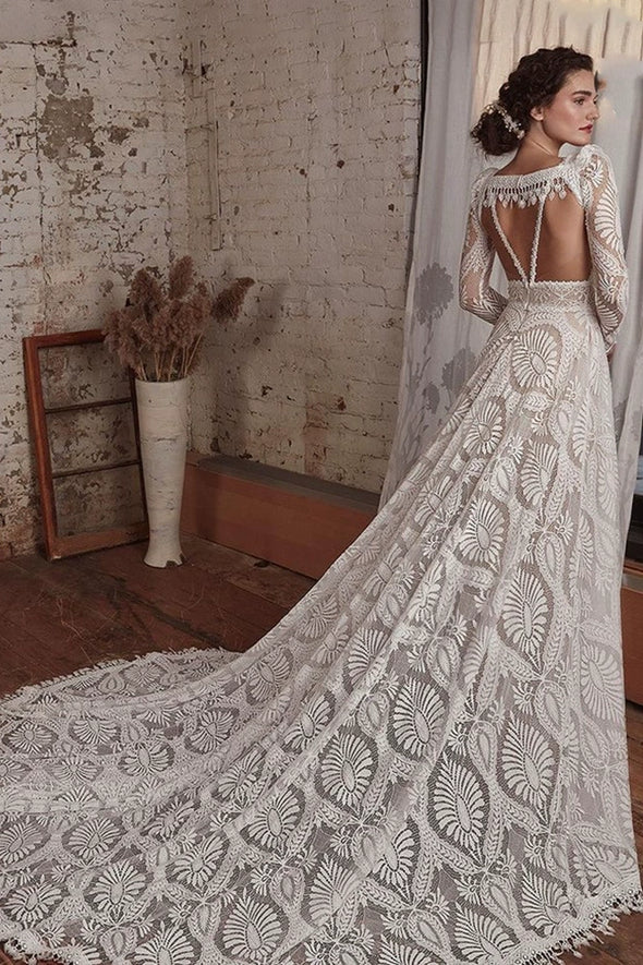 Luxury Boho Lace Wedding Dress Detachable Long Sleeve