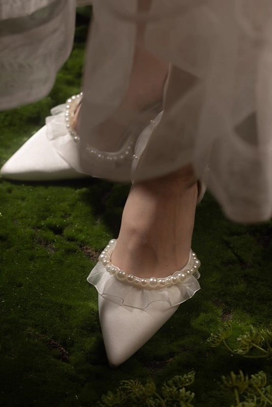 Silk Satin Wedding Shoes High Heel With Pearls