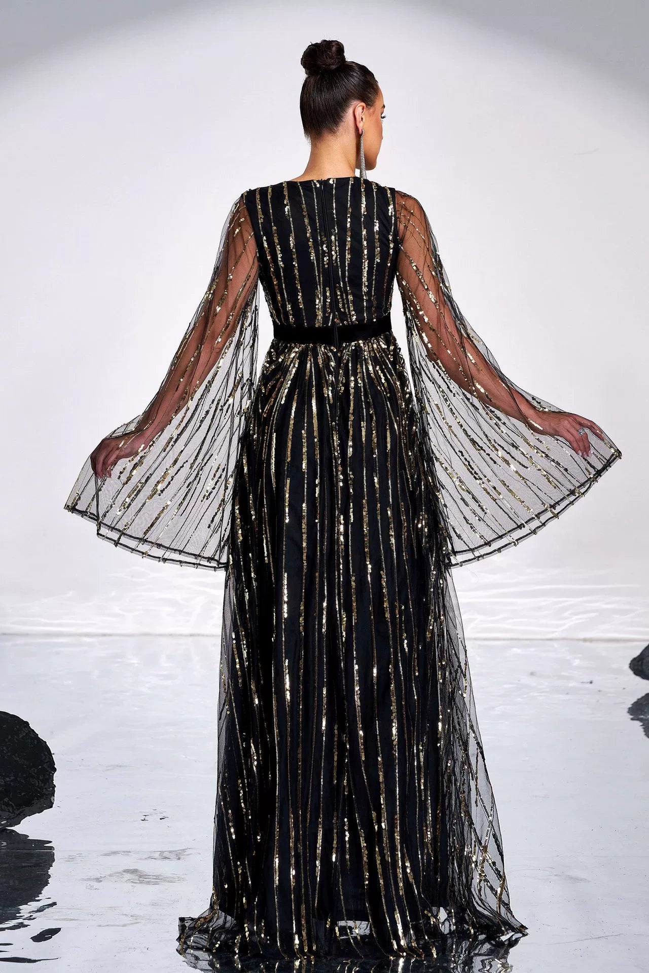 V Neck Black Evening Dress With Gold Sequins Flare Sleeves TANYA BRIDAL V Neck Black Evening Dress With Gold Sequins Flare Sleeves TANYA BRIDAL
