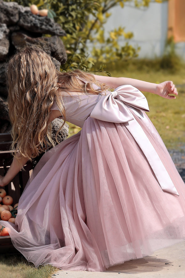 #DZ9577 Pink Long Girl Party Dress With Bow Back