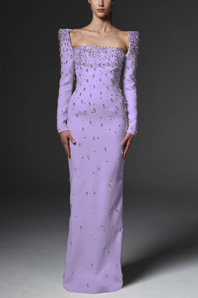 #DZ9387 Square Neck Long Sleeves Crystal Evening Dress