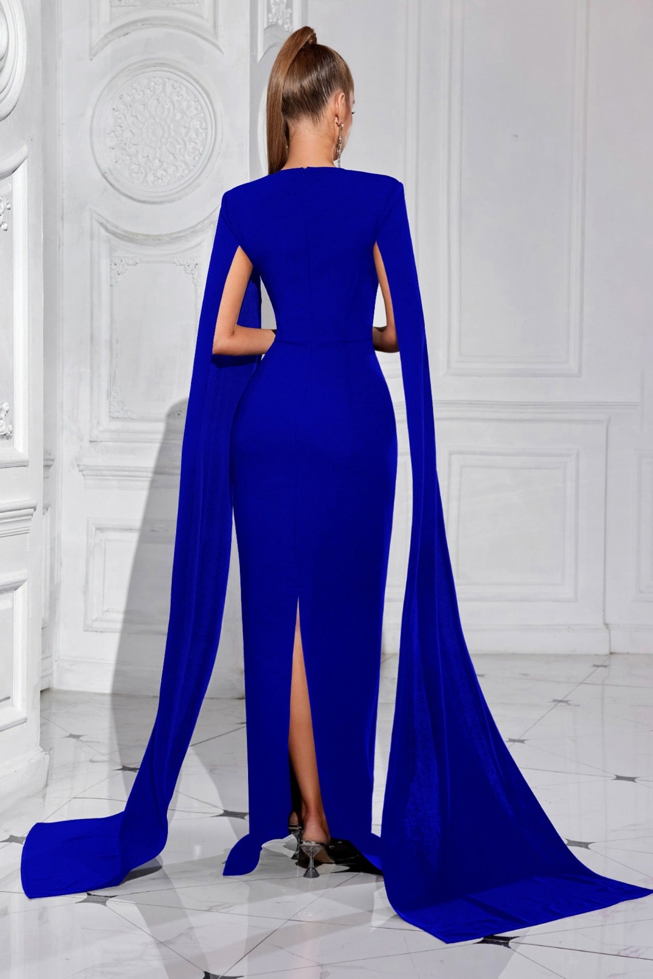 Royal Blue Long Mermaid Evening Dress With Cape – TANYA BRIDAL