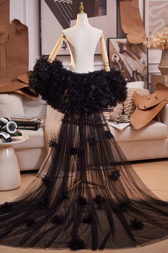 Little Flower Black Tulle Cape Fashion Runway Costumes Outfit