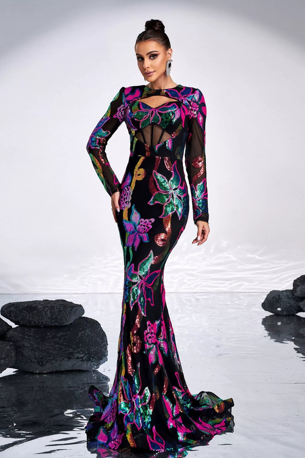 Long Sleeves Black Dress With Colorful Sequins TANYA BRIDAL Long Sleeves Black Dress With Colorful Sequins TANYA BRIDAL