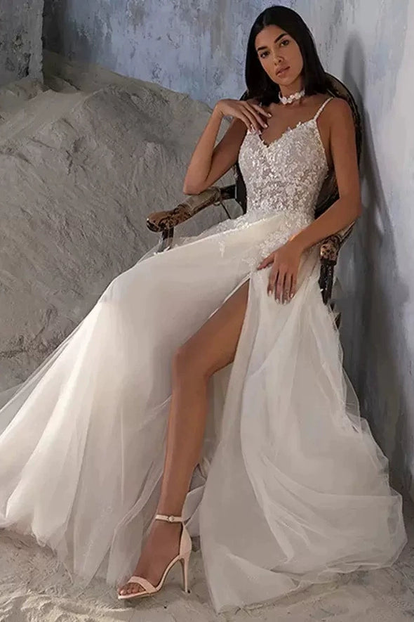 #LY9209 A Line Spaghetti Strap Long Lace Appliques Wedding Gown