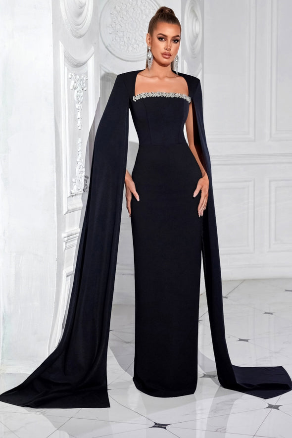 Black Long Mermaid Evening Dress With Cape