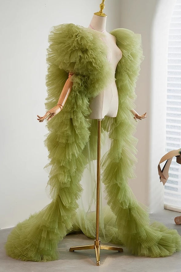 Light Olive Green Plisse Tulle Cape Performance Runway Costumes Outfit