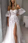 #LY9210 A Line Lace Flower Wedding Dress With Detachable Sleeves