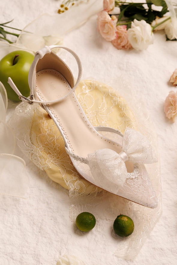 Lace Bow Embroidery High Heels Fairy Wedding Shoes