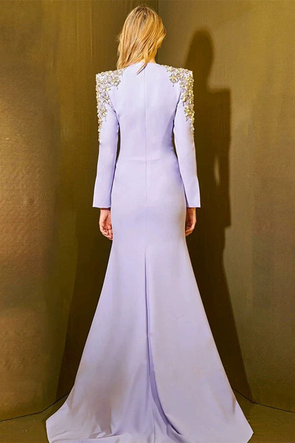 #DZ9396 Hand Beads Long Evening Dress Full Sleeves