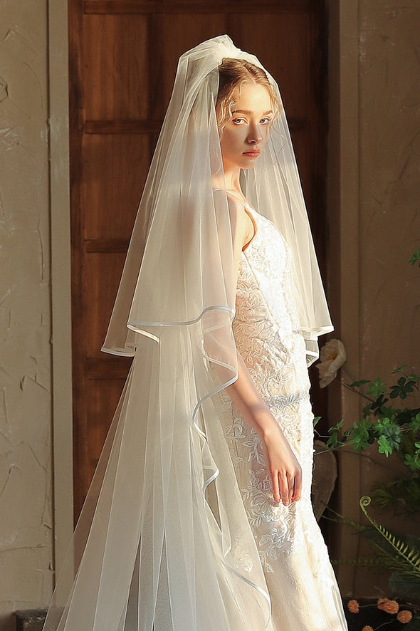 V395 long wedding dress, bride's veil, double-layer edging, 3 meters