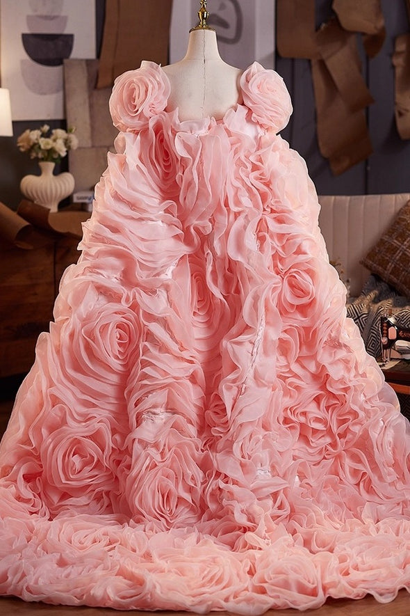 Pink Performance 3D Rose Flower Cape Luxury Runway Costumes Outfit
