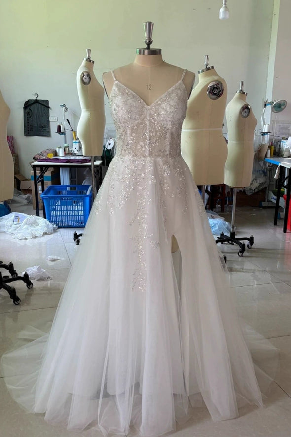 #LY9209 A Line Spaghetti Strap Long Lace Appliques Wedding Gown