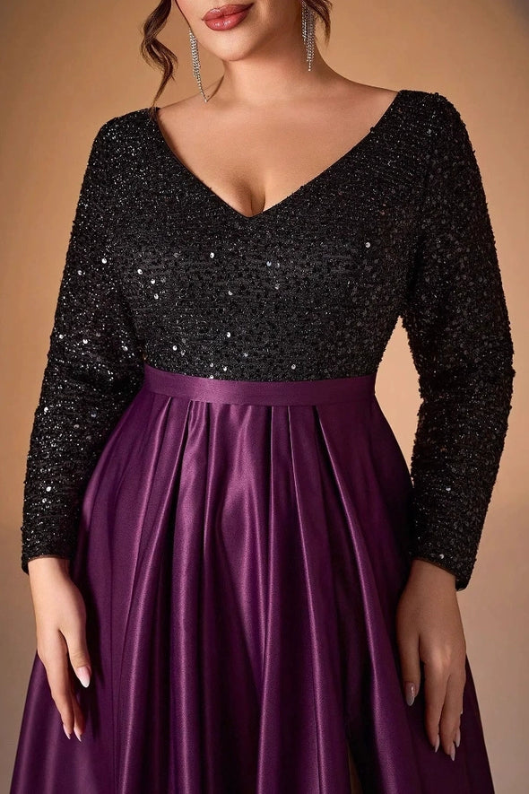 DZ9453 Long Sleeves Black Sequins Plus Size Purple Evening Dress – TANYA  BRIDAL