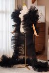 Black Plisse Tulle Cape Performance Runway Costumes Outfit