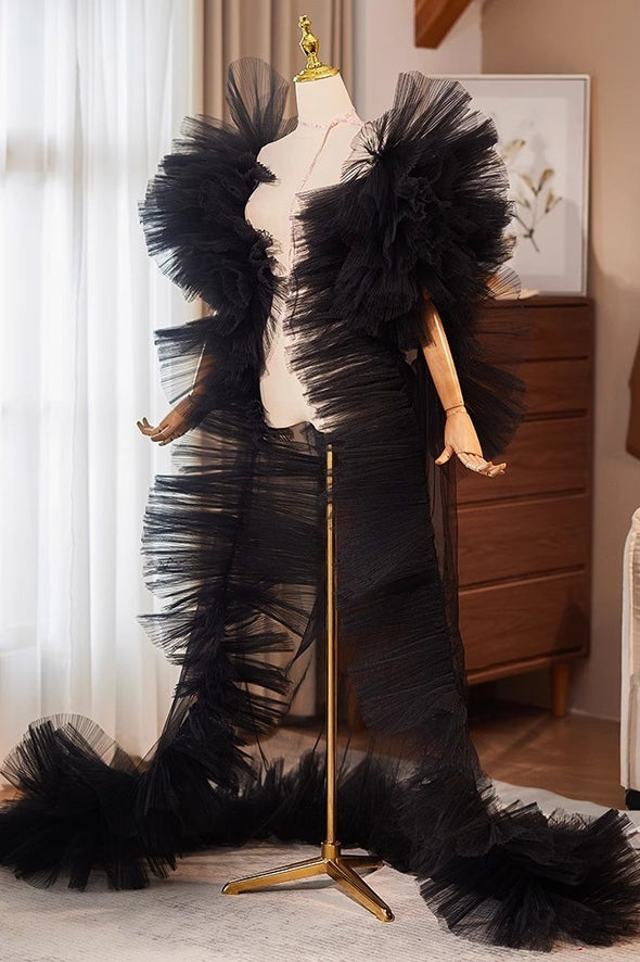 Black Plisse Tulle Cape Performance Runway Costumes Outfit