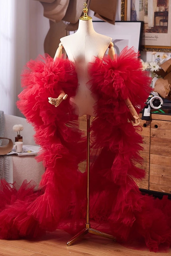 Red Plisse Tulle Performance Cape Runway Costumes Outfit