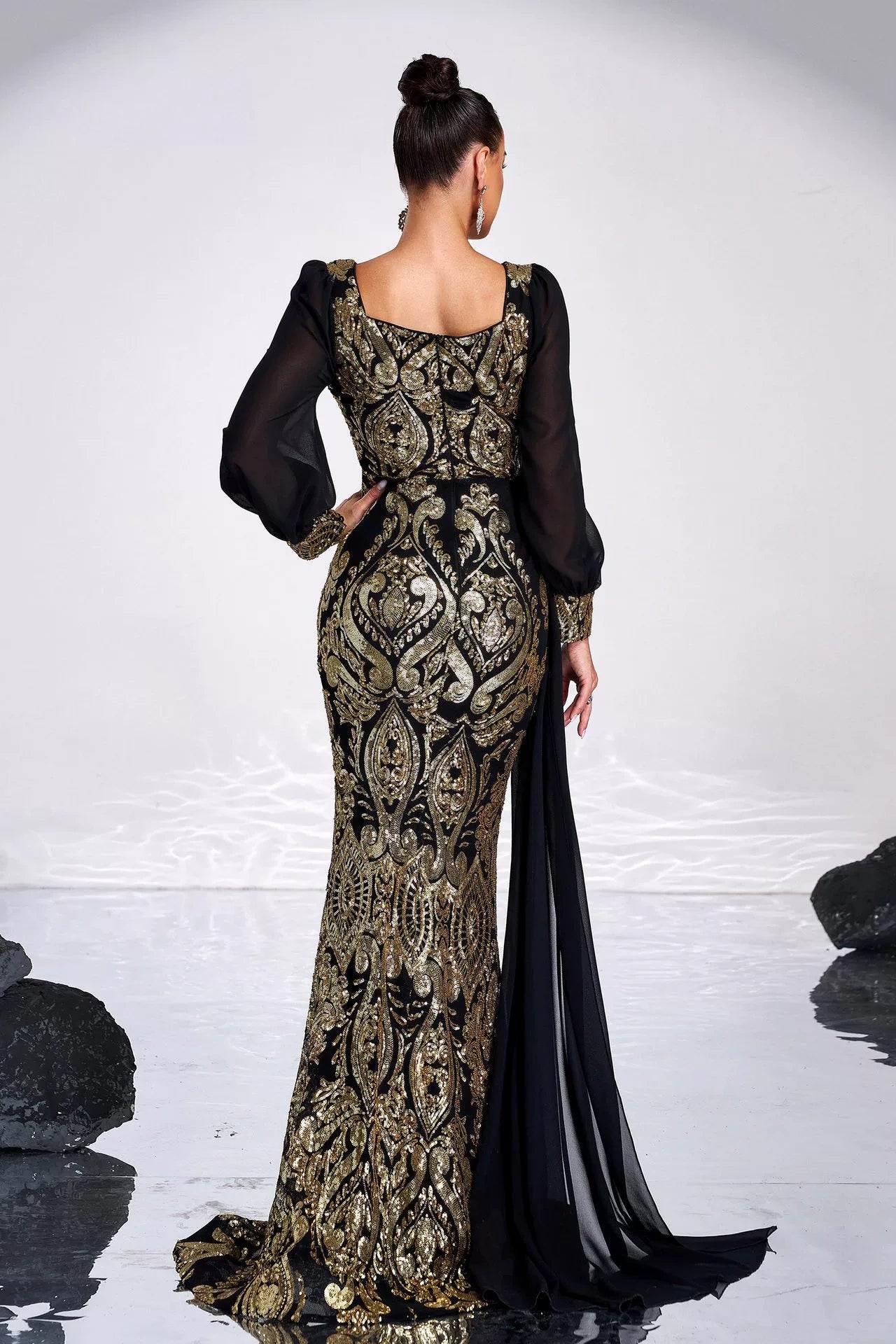Long Sleeves Black Dress With Gold Sequins Mermaid Style – TANYA BRIDAL