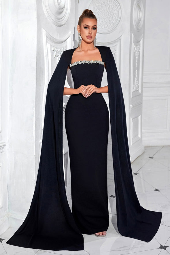 Black Long Mermaid Evening Dress With Cape