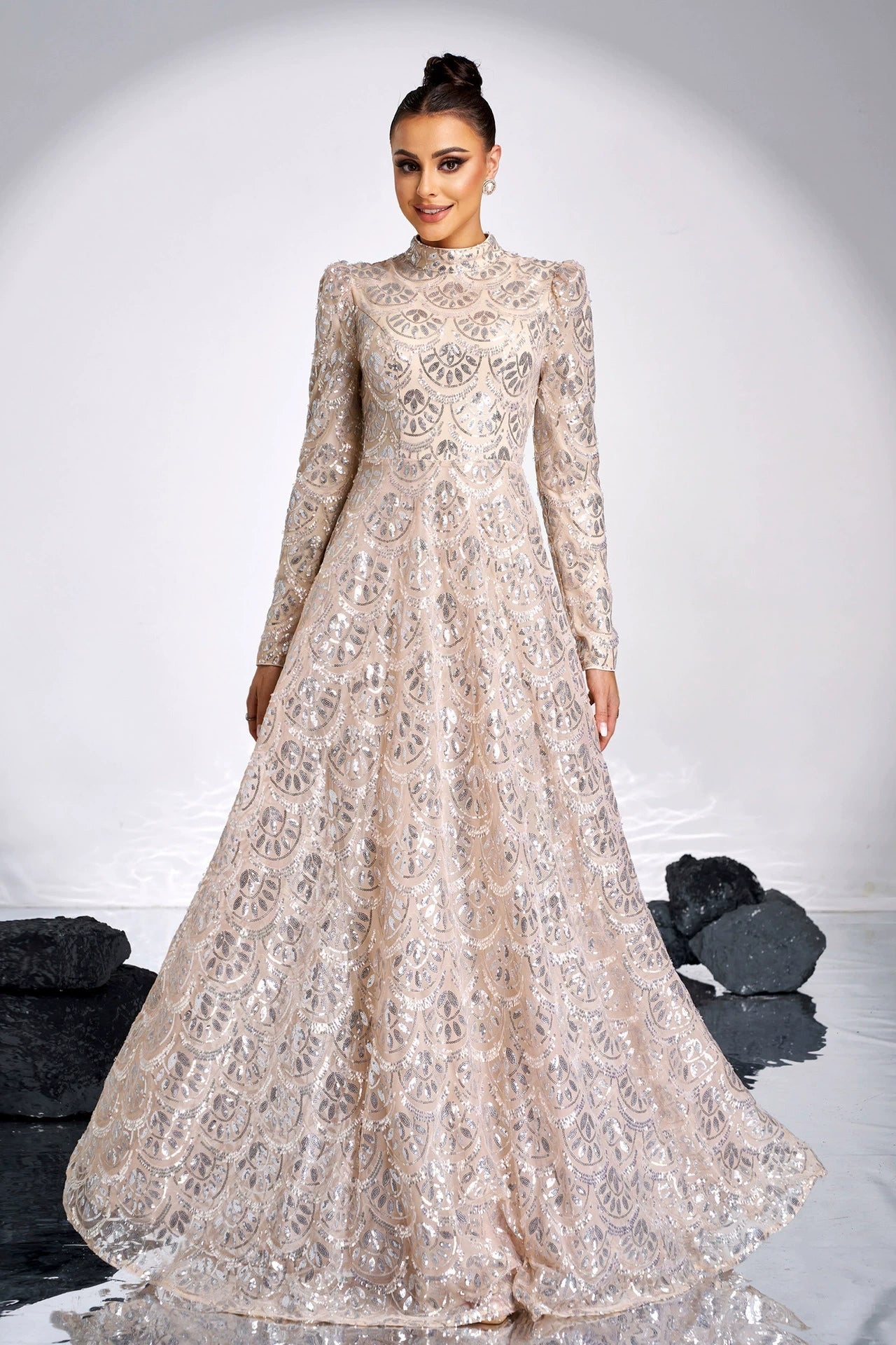 Champagne Long Evening Dress With Silver Sequins Lady Gown TANYA BRIDAL Champagne Long Evening Dress With Silver Sequins Lady Gown TANYA BRIDAL