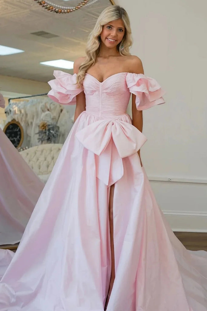 Pink Taffeta Long Prom Dresses Off The Shoulder Slit – TANYA BRIDAL