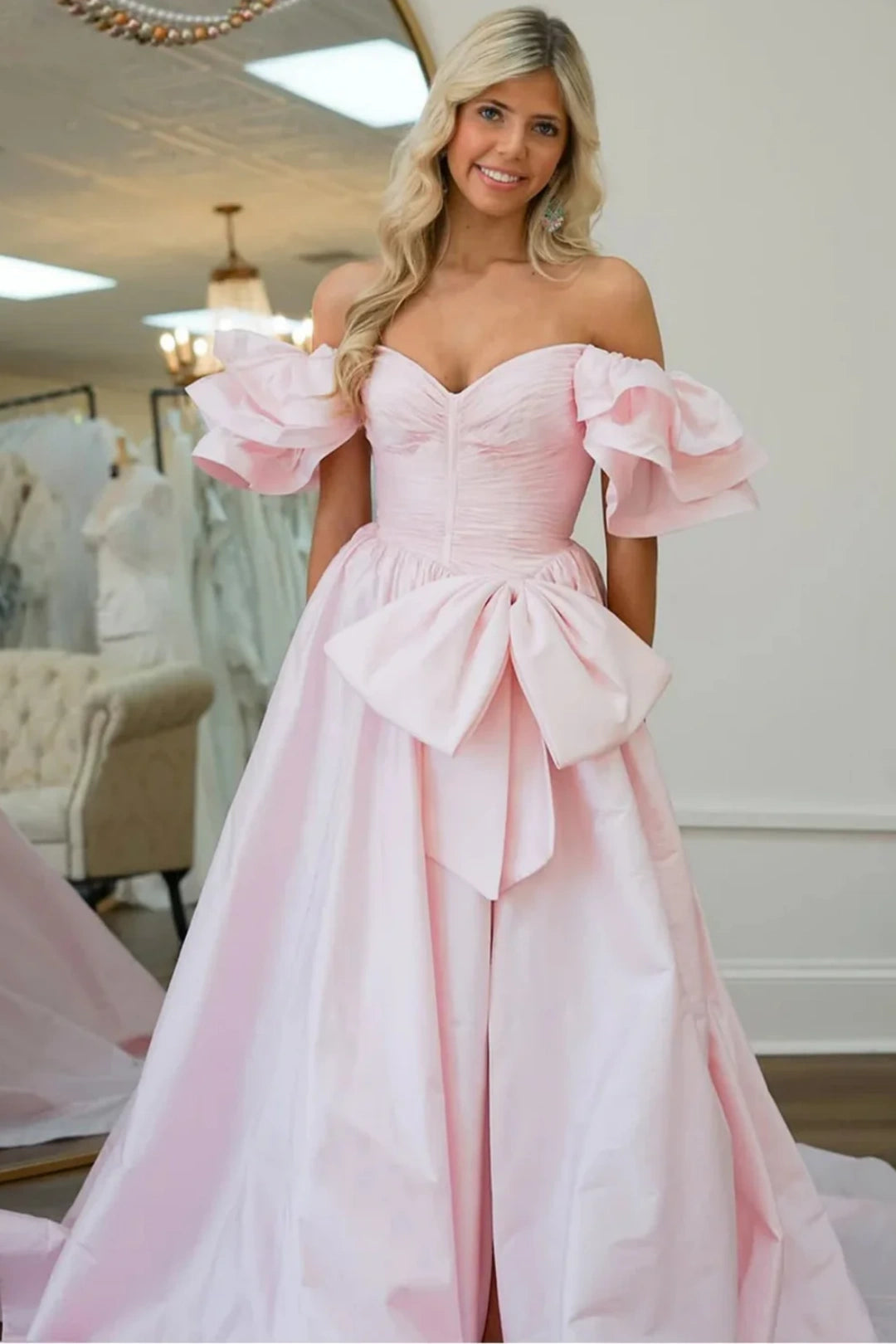 Pink Taffeta Long Prom Dresses Off The Shoulder Slit TANYA BRIDAL Pink Taffeta Long Prom Dresses Off The Shoulder Slit TANYA BRIDAL