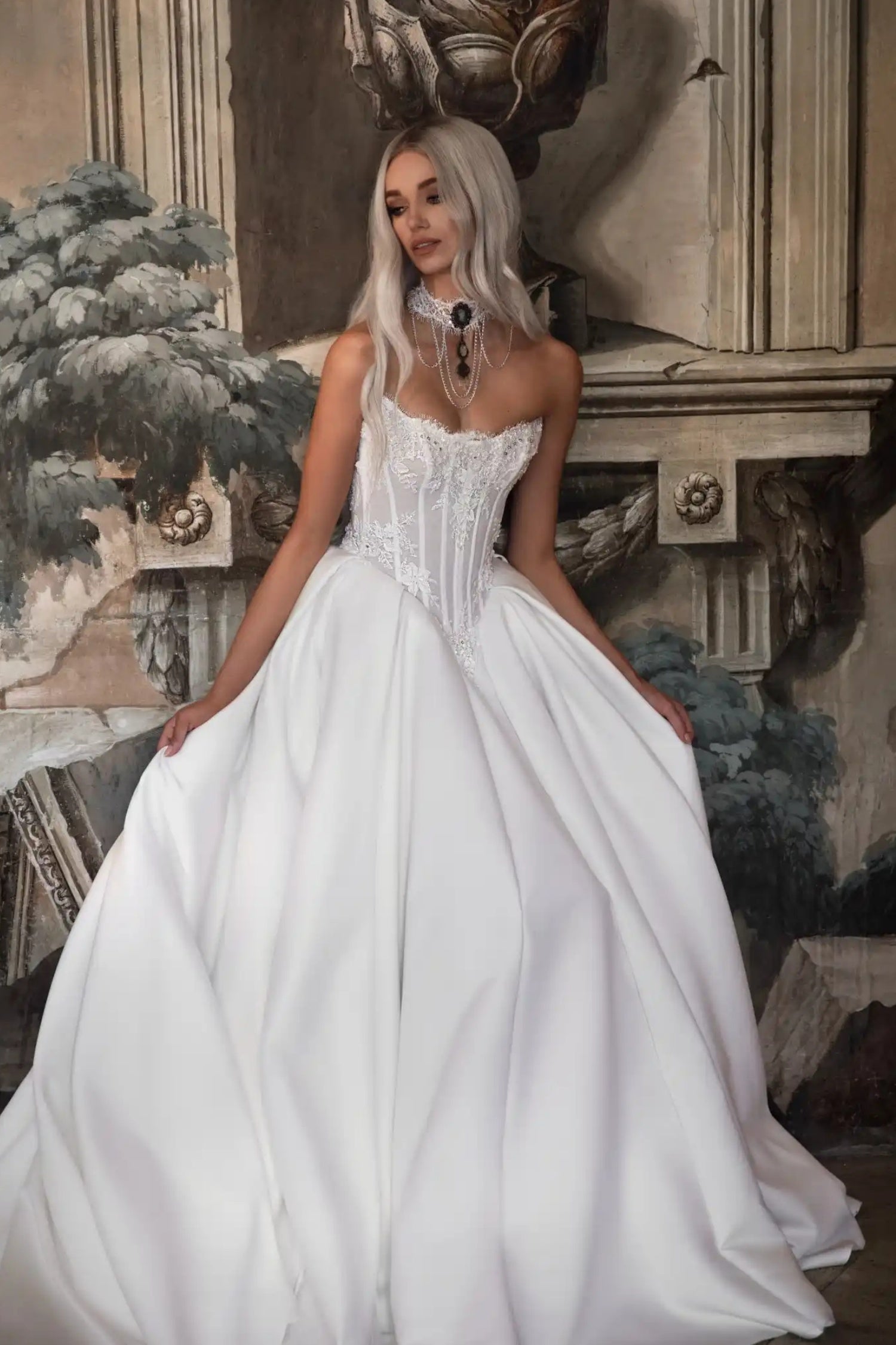 silver satin wedding dress Scoop Neck Silver Crystals Beaded Top Satin Bridal Dress with Lace Panel Train 34 / Off White / Lace