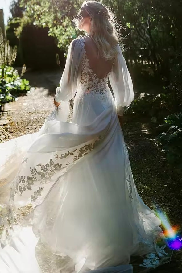 #DZ9344 Backless Long Bishop Sleeves Appliqued Wedding Dress