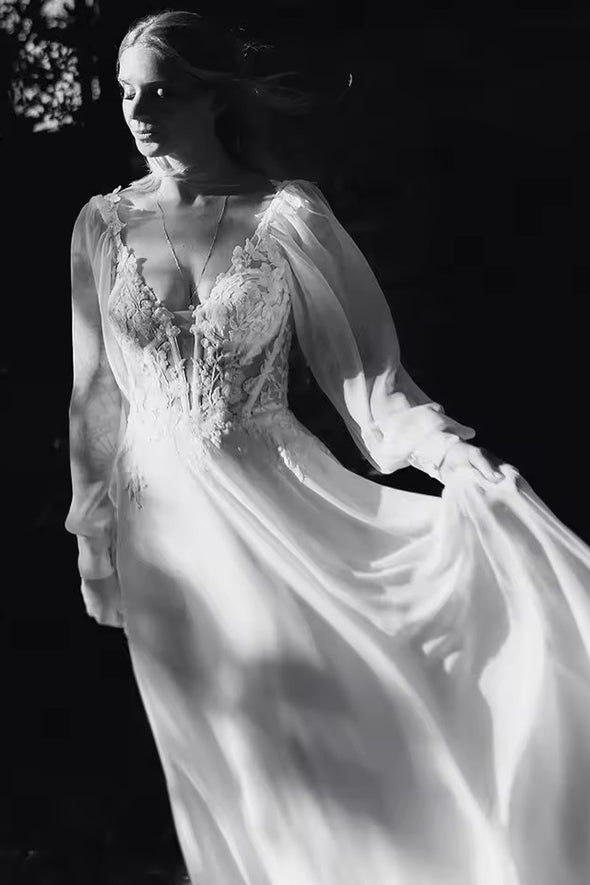 #DZ9344 Backless Long Bishop Sleeves Appliqued Wedding Dress