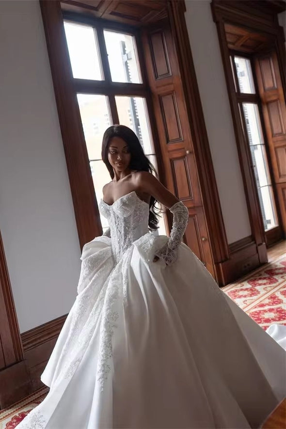 DZ9528 Pearl Appliques Satin Wedding Dresses Sweetheart Neck – TANYA BRIDAL