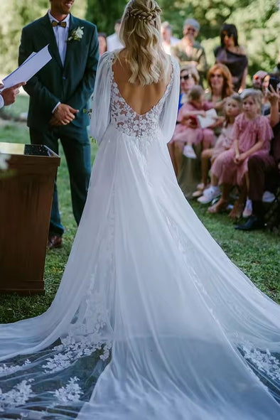 #DZ9344 Backless Long Bishop Sleeves Appliqued Wedding Dress
