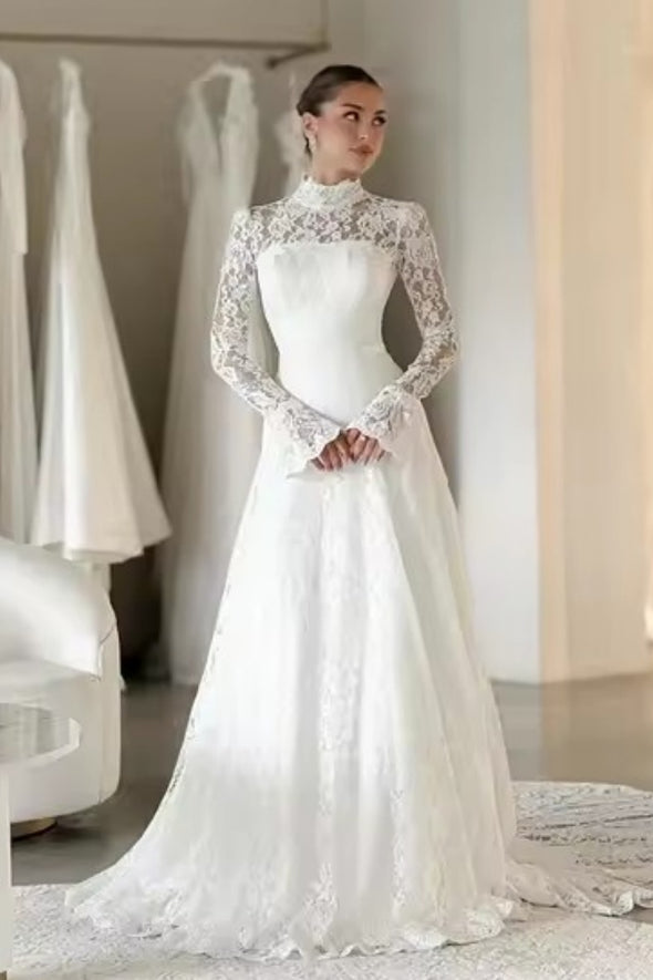 #DZ9421 Lace Bridal Gowns Classic O-Neck Long Sleeves Wedding Dress