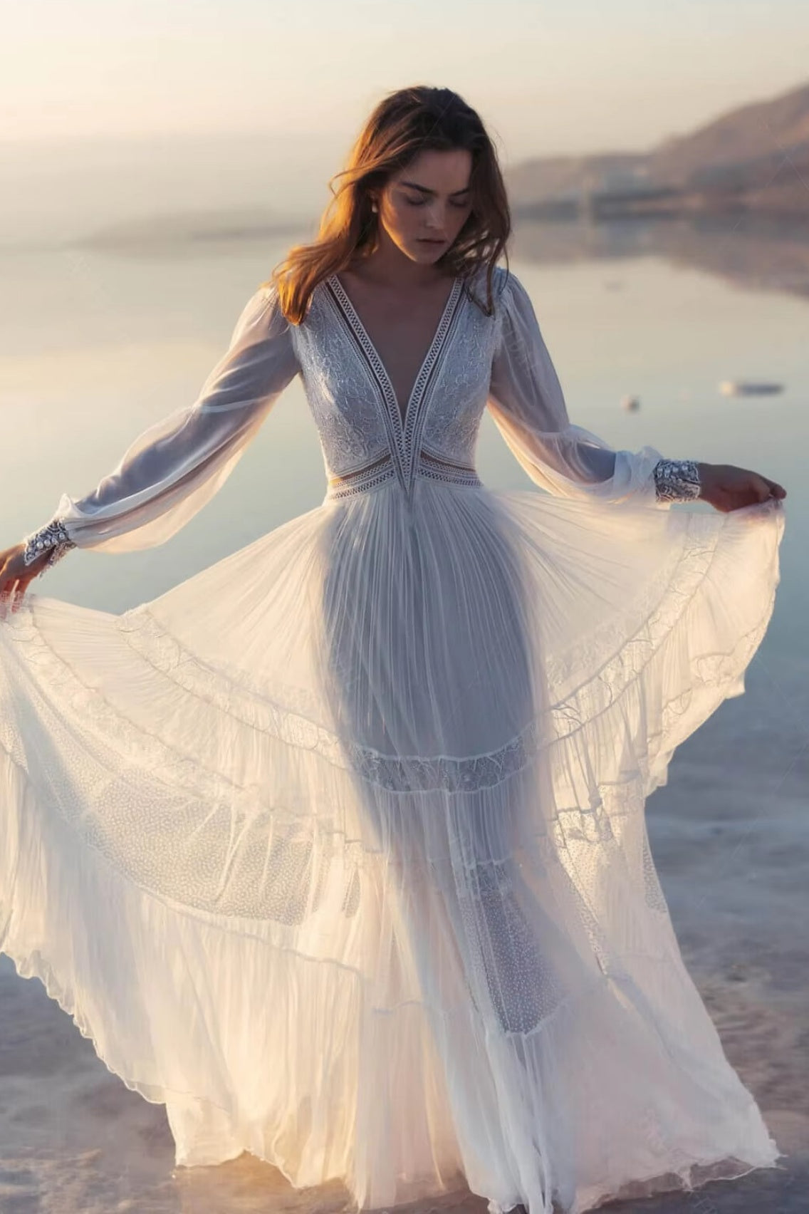 bohemian beach wedding dress Custom Made Boho Mermaid Lace eighths sleeve cuffs Sexy Backless Beach Boho Bridal