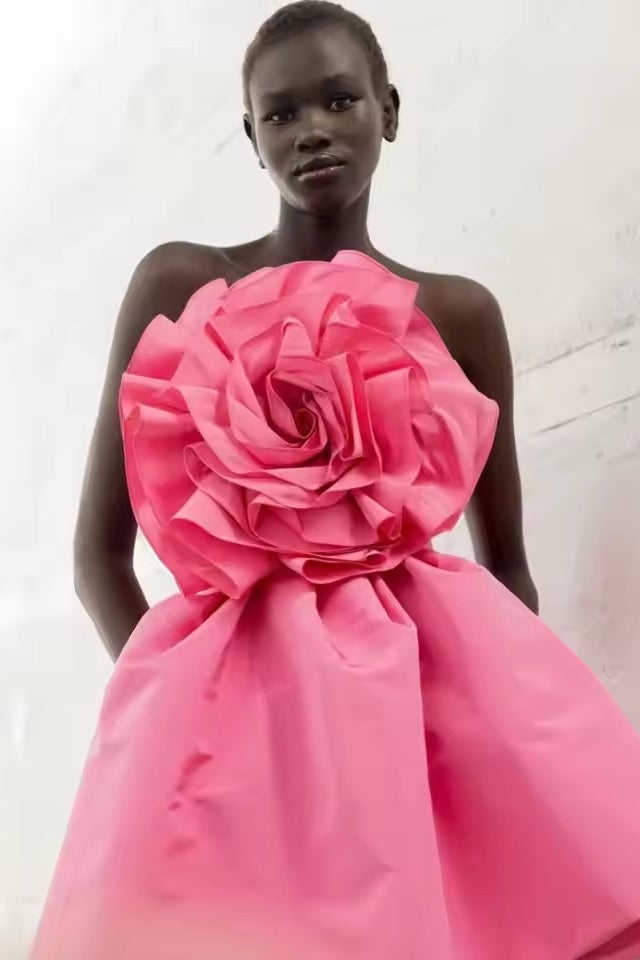 Hot Pink Big Flower Short Party Dress Cocktail Gown Hot Pink Big Flower Short Party Dress Cocktail Gown