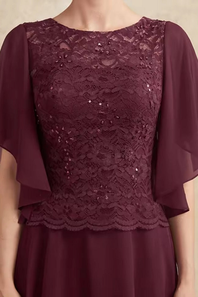 burgundy mother of the bride dress Plus Size Long Dresses with Sleeves, Lace back with zipper Hem/Train Cicinia Plus Size Burgundy Mother