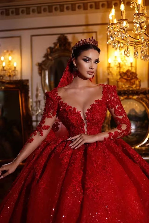 #DZ9359 Gorgeous Lace Red Wedding Dresses Sparkly
