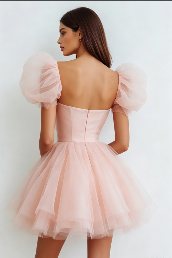 #DZ9618 Pink Tulle Puff Sleeves Short A Line Homecoming Dress #DZ9618 Pink Tulle Puff Sleeves Short A Line Homecoming Dress