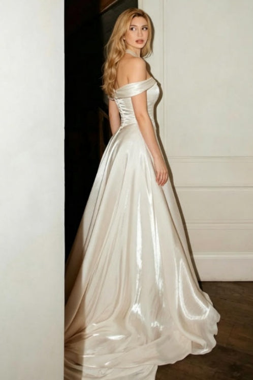 #DZ9646 Off The Shoulder Ivory Shine Satin A Line Wedding Dress