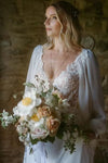 #DZ9344 Backless Long Bishop Sleeves Appliqued Wedding Dress