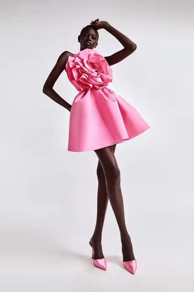 Hot Pink Big Flower Short Party Dress Cocktail Gown Hot Pink Big Flower Short Party Dress Cocktail Gown