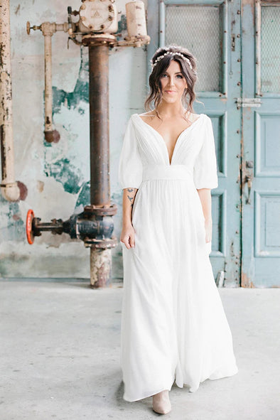 Bohemian Long Chiffon V Neck Pleated A Line Wedding Dress