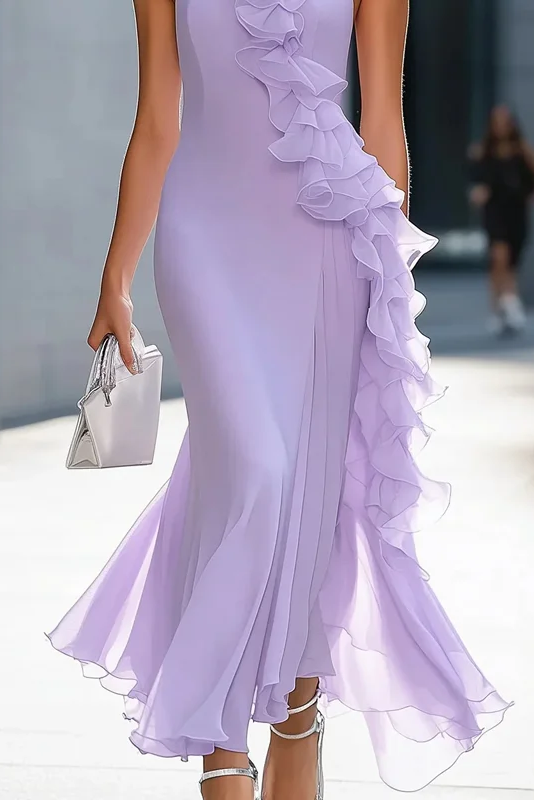 High Neck Sheath Lady Chiffon Evening Dress With Ruffles