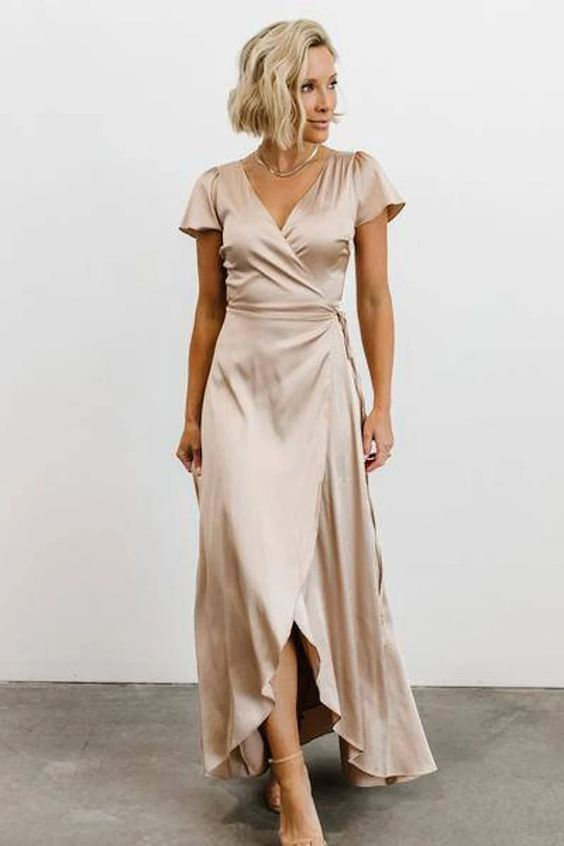Chamapgne Silk Satin Bridesmaid Dress Short Sleeves 242242026 – TANYA BRIDAL