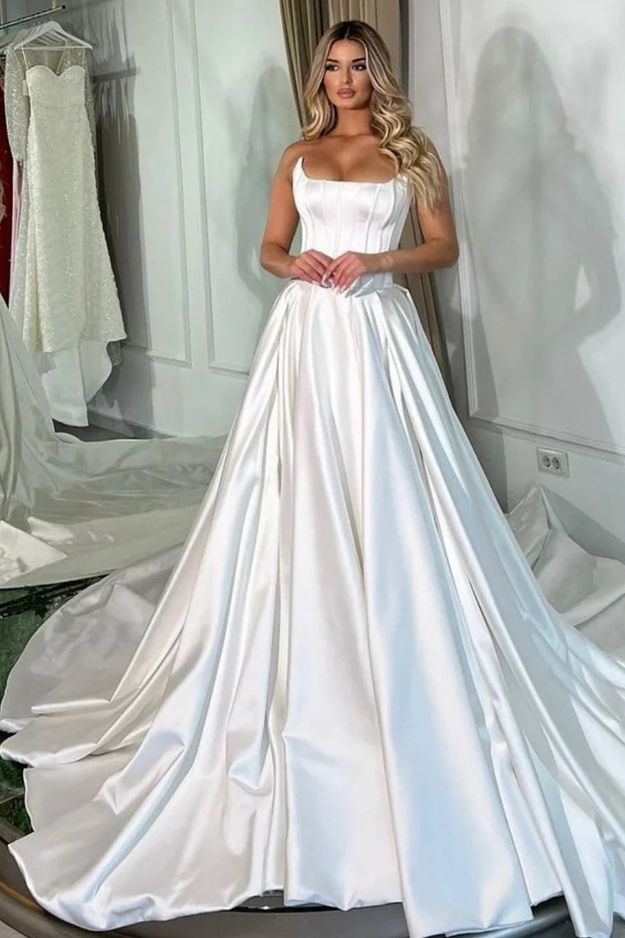 Long Satin Wedding Dress Lace Up Back TANYA BRIDAL Long Satin Wedding Dress Lace Up Back TANYA BRIDAL