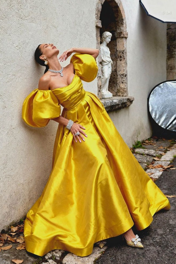 DZ9474 Gold A Line Satin Evening Dress With Sleeves – TANYA BRIDAL