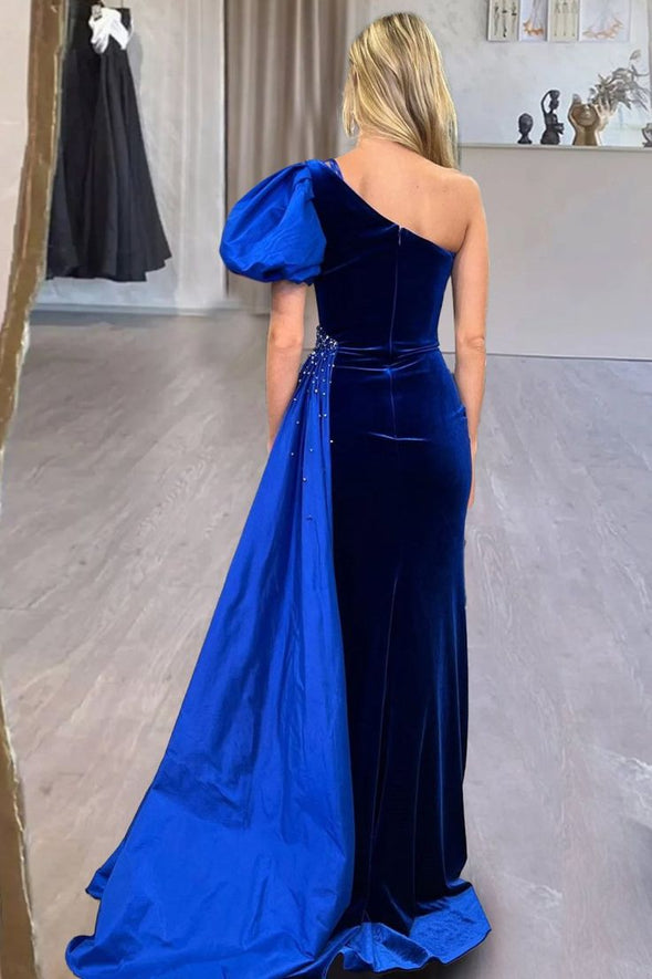 Velvet Long Evening Dress One Shoulder With Draped Train